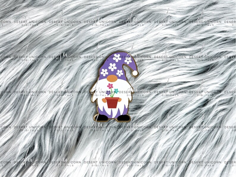 May include: A purple gnome with a white beard and a white hat with purple flowers. The gnome is holding a red pot with a green plant and purple flowers.