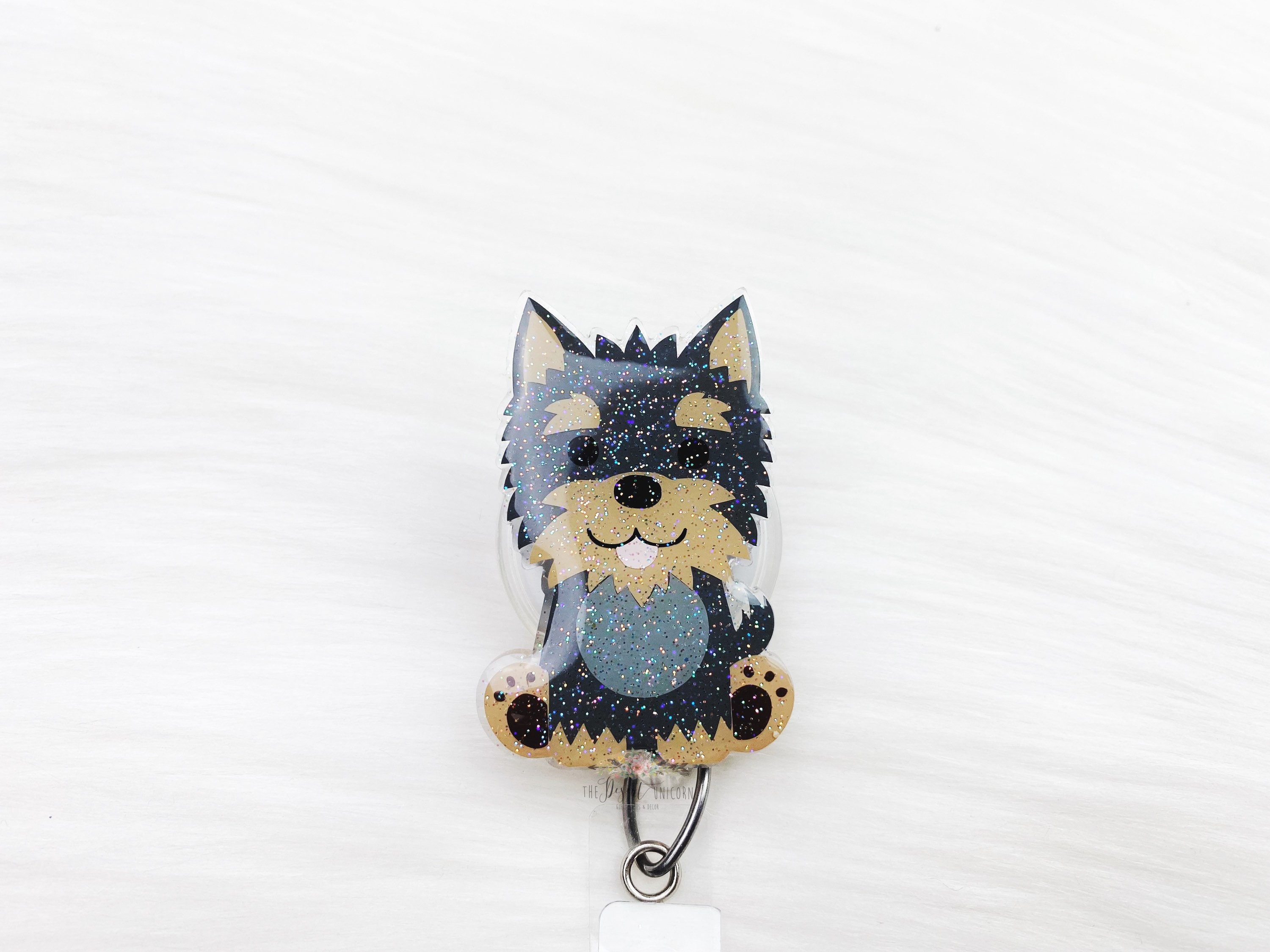 Yorkie Badge Reel: Glitter Acrylic Retractable ID Holder