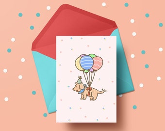 Dog Birthday Card Printable, Balloons and Confetti (Digital Download)