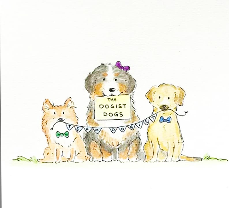 May include: Three dogs, a Bernese Mountain Dog, a Golden Retriever, and a small brown and white dog, are holding a banner that says "Team Dogist" and a sign that says "The Dogist Dogs".