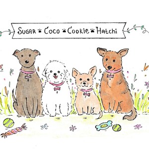 May include: A watercolor illustration of four dogs sitting in a field of flowers. The dogs are named Sugar, Coco, Cookie, and Hatchi. The dogs are all wearing pink collars and are looking at the viewer. The illustration is in a whimsical style and features a banner with the dogs' names.