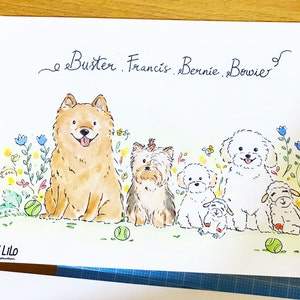 May include: A watercolor illustration of five dogs with the names Buster, Francis, Bernie, and Bowie written above them. The dogs are surrounded by flowers and green grass. The illustration is signed "ALPHA & LILO" in the bottom left corner.