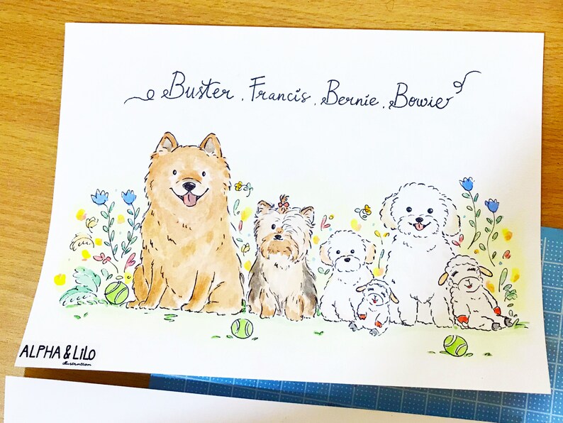 May include: A watercolor illustration of five dogs with the names Buster, Francis, Bernie, and Bowie written above them. The dogs are surrounded by flowers and green grass. The illustration is signed "ALPHA & LILO" in the bottom left corner.