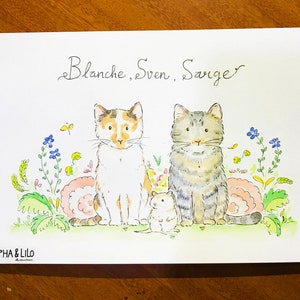 May include: A watercolor painting of three animals: a calico cat, a tabby cat, and a small mouse. The cats are sitting side by side, and the mouse is sitting in front of them. The animals are surrounded by flowers and greenery. The painting is signed "Blanche, Sven, Sarge" and "ALPHA & LILO illustration."