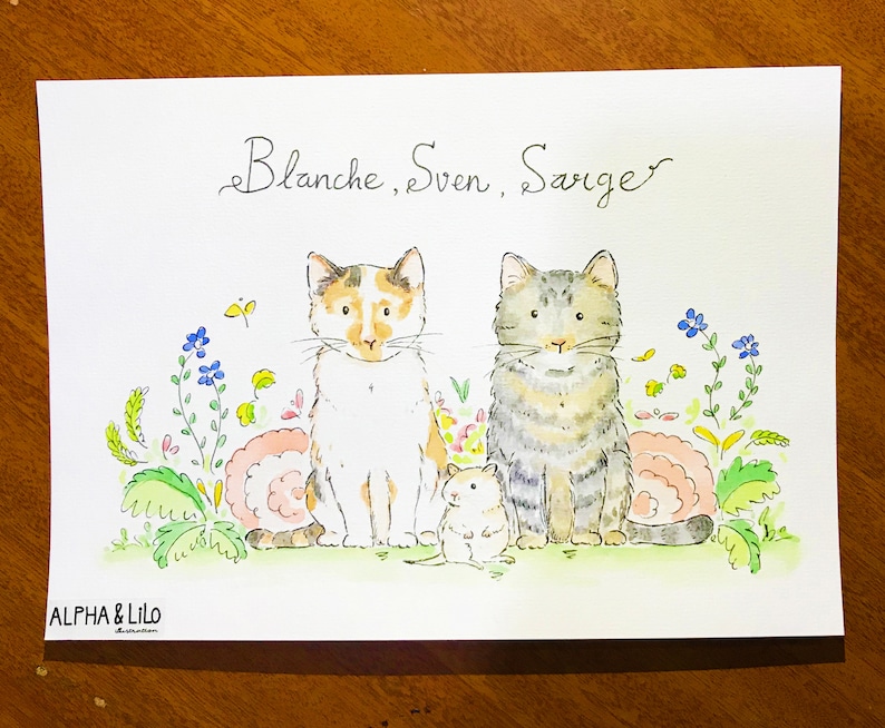May include: A watercolor painting of three animals: a calico cat, a tabby cat, and a small mouse. The cats are sitting side by side, and the mouse is sitting in front of them. The animals are surrounded by flowers and greenery. The painting is signed "Blanche, Sven, Sarge" and "ALPHA & LILO illustration."