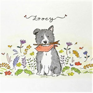 May include: A watercolor illustration of a black and white dog named "Zooey" sitting in a field of flowers. The dog is holding a stick in its mouth and has a red bandana around its neck.