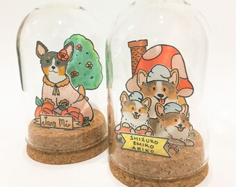 Custom Watercolor Family Pet Portrait, Glass Dome Illustration