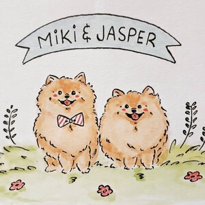 May include: A watercolor illustration of two fluffy, light brown Pomeranian dogs with their tongues sticking out. The dogs are sitting side by side on a green grassy field with pink flowers. The text "Miki & Jasper" is written in a banner above the dogs.