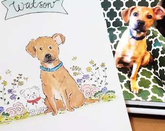 Handdrawn Watercolor Pet Portraits Custom Drawing for Dogs and Cats