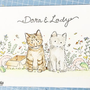 May include: A watercolor painting of two cats named Dora and Lady. The cats are sitting in a field of flowers. The cat on the left is brown and tabby, and the cat on the right is gray. There is a cardboard box in the background.