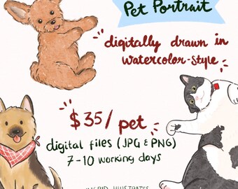 Custom Pet Portrait, Digital Watercolor Style (Digital Download)