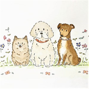 May include: A watercolor illustration of three dogs sitting in a field of flowers. The dogs are a white poodle, a brown and white terrier, and a brown and white pomeranian. The dogs are all looking at the viewer.