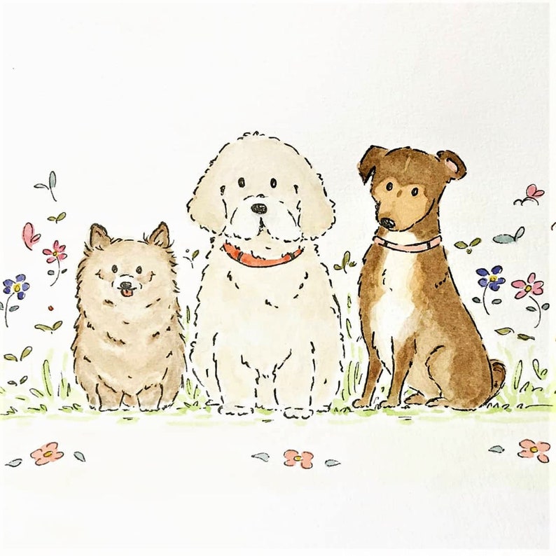 May include: A watercolor illustration of three dogs sitting in a field of flowers. The dogs are a white poodle, a brown and white terrier, and a brown and white pomeranian. The dogs are all looking at the viewer.