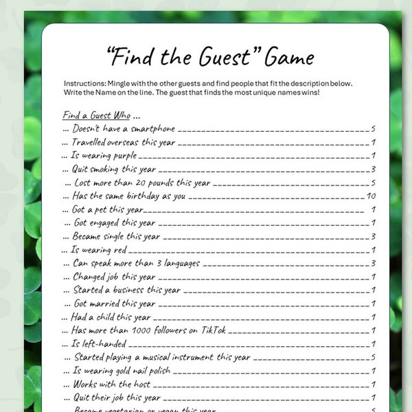 Find the Guest, St Patrick's Ice Breaker Game, St Patricks Find the Guest, St Patricks Family Game, St Patricks Party Games, Office Party