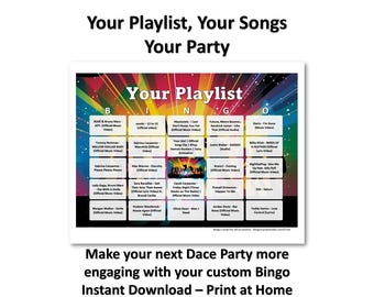 Gepersonaliseerde muziekbingokaarten, jouw afspeellijst, onbeperkt aantal kaarten, afdrukbare partygame, YouTube Spotify Apple Music-afspeellijst, snelle levering