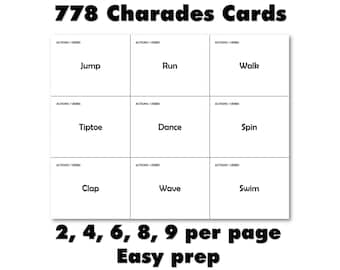 Jeu de charades pour enfants • 778 cartes imprimables pour les fêtes, la salle de classe, les loisirs en famille • Mots faciles, 19 catégories • Téléchargement instantané au format PDF