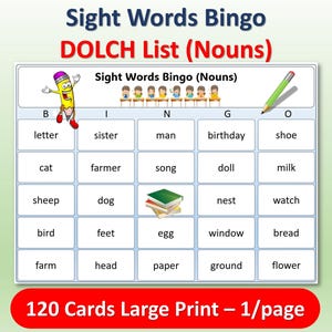 Cartões de bingo Dolch Sight Words para substantivos, jogo educacional, atividade de alfabetização para ESL e prática em sala de aula