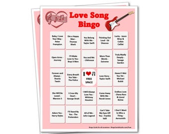 Love Songs Valentine Bingo Game | 100 Printable Music Bingo Cards for Couples Parties and Date Night Fun