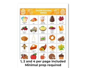 Printable Bingo Thanksgiving 100 Unique Cards for Family Fun, Thanksgiving Pictures Bingo, Kids and Adults (Digital Download)