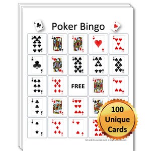Printable Bingo Cards Poker Cards Instant Download, 1, 2, 4, and 6 Per Page Party Game, Poker Cards Bingo - 100 Large Print Simple