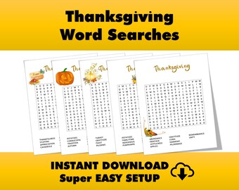 5 Thanksgiving Printable Word Search Puzzle Homeschool Learning Word Search Puzzle for Kids party game Bundle 5 games Thanksgiving words