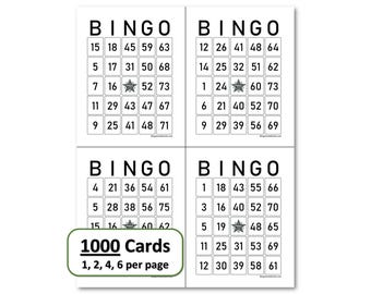Printable Bingo Cards Instant Download, 1, 2, 4, and 6 Per Page Party Game, Standard 75 Call Bingo - 1000 Large Print Simple Black and White