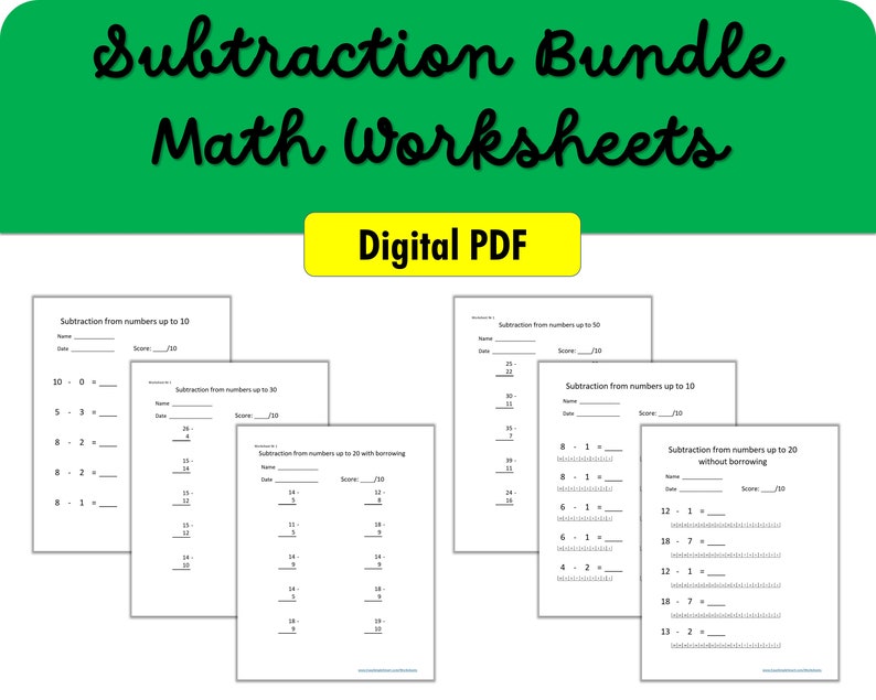 1000 Subtraction worksheets with number lines and answer keys image 1