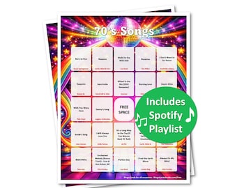 Juego de bingo musical de los 70 • 100 cartones de bingo retro • Juego de fiesta de los 70 • Actividad con temática disco • Bingo musical imprimible • Descarga instantánea
