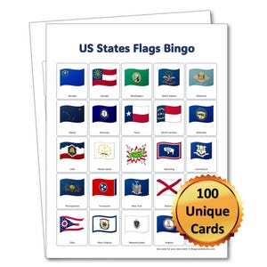 May include: A stack of white paper sheets with a bingo game titled "US States Flags Bingo." Each card features a state flag. A gold seal on the bottom right corner reads "100 Unique Cards."