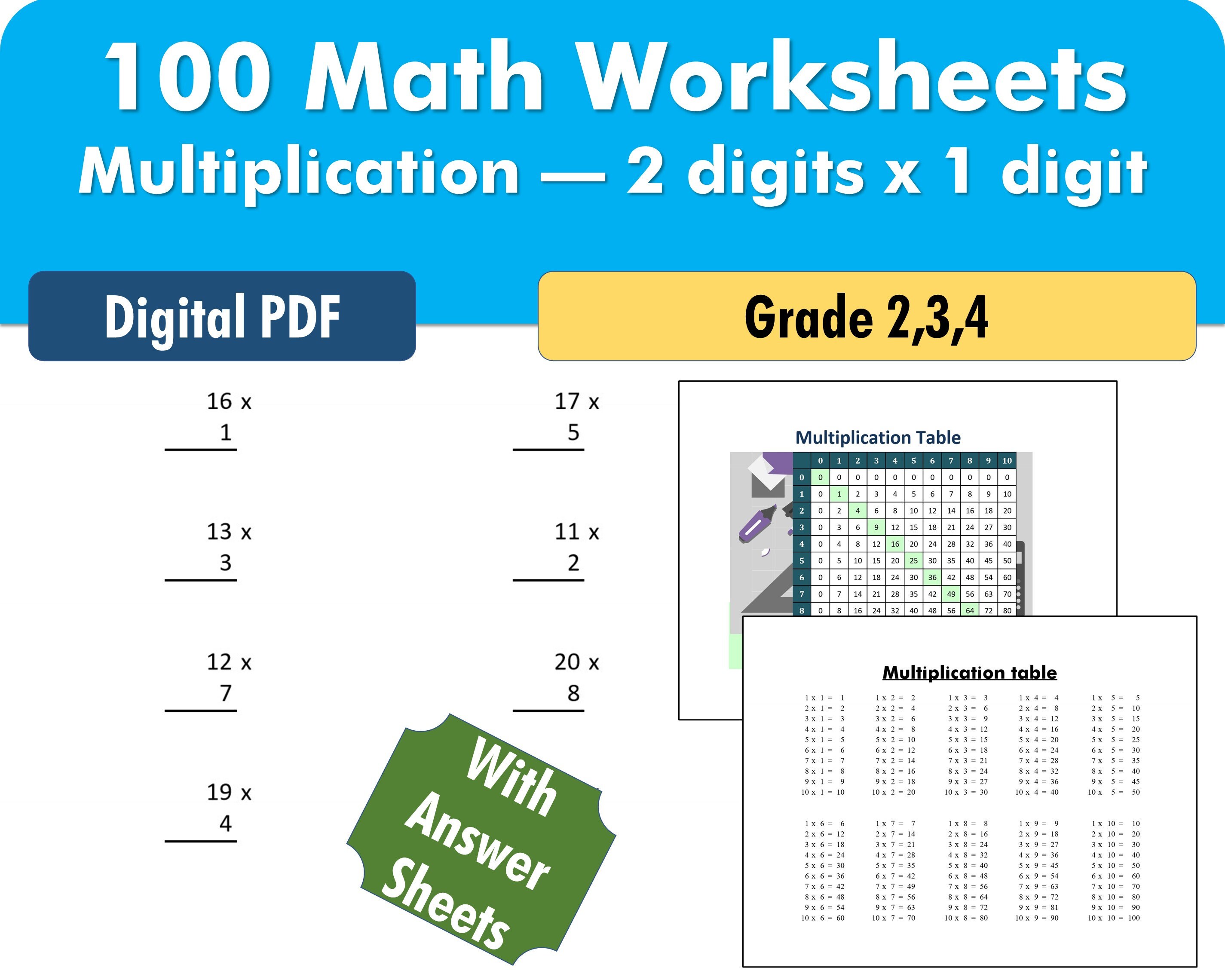 100 random multiplications of 2 digit numbers with 1 digit etsy singapore