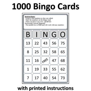 1000 Black and White Bingo Cards with Instructions (Digital Download)