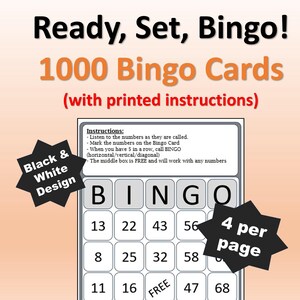 Basic Bingokarten mit Anweisungen - Schwarz und Weiß Bingokarten, Bingoanweisungen auf der Karte gedruckt