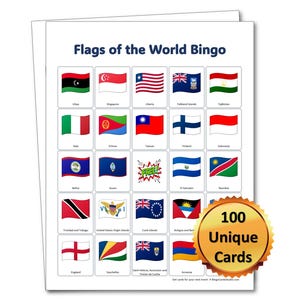 Puede incluir: Una hoja de papel blanca con el título "Flags of the World Bingo" y una cuadrícula de banderas. Una pegatina dorada en la esquina inferior derecha dice "100 Unique Cards".