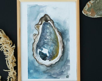 Oyster Shell in bold blue, Watercolor Art Print