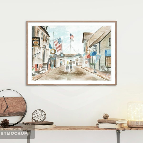 Newport RI Art Bannisters Wharf Newport, RI (blonde) Watercolor Art Print, Bowens Wharf