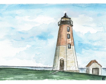 Point Judith Lighthouse, Narragansett Watercolor Print – Rhode Island Coastal Wall Art – Beach House Gift