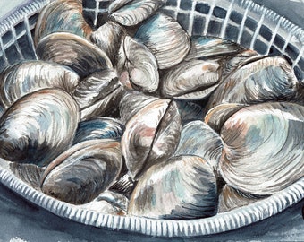 Bushel of clams Watercolor Art Print, Known as Quahogs in Rhode Island  Digging for Dinner!