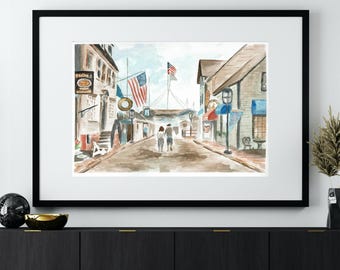 Newport Harbor Watercolor Print – Rhode Island Coastal Art – Nautical Wall Décor