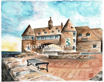 Impresión en acuarela de la playa de Narragansett Towers – Arte costero de Rhode Island – Decoración de pared del estado del océano
