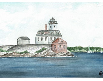 Rose Island Lighthouse, Newport RI Watercolor Art Print