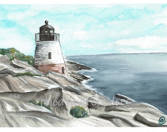 Impresión artística en acuarela del faro de Castle Hill, Newport, Rhode Island. Arte mural costero de Rhode Island. Regalo para casa de playa.