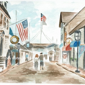 Newport RI art Bowen&#39;s Wharf in watercolor Digital Image