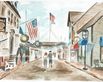 Impresión de acuarela del puerto de Newport – Arte costero de Rhode Island – Decoración náutica para pared