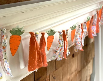 Farmhouse Carrot Garland / Handmade Rag Garland / Floral Fabric Banner/ Spring Decor / Summer Garden