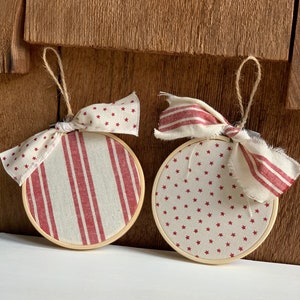 Handmade Farmhouse Christmas Ornaments / Set of 2 Fabric Wooden Hoops / Red Ticking Stripe