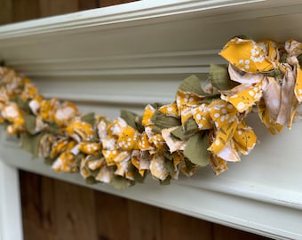 Fall Farmhouse Garland / Handmade Floral Rag Garland / Mustard Yellow and Olive Green / Autumn Fabric Banner