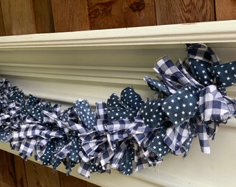 Navy Blue Check Garland / Farmhouse Rag Garland / Patriotic Stars / Navy Buffalo Check / Fabric Banner