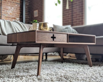 Walnut Coffee Table Plus with drawer - Handmade solid wood mid century modern style and storage cubby