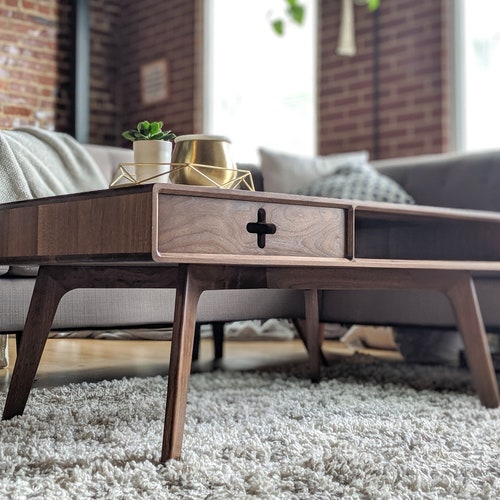Walnut Coffee Table Plus With Drawer Handmade Solid Wood Mid Etsy