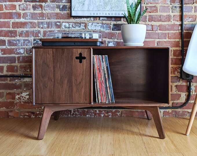 Mid Century Modern Record Player Stand, Walnut Record Storage, Record Player Cabinet, Turntable Console Vinyl Record Storage Furniture